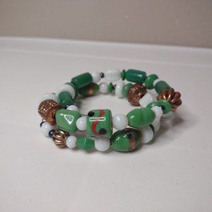 Green And White Glass And Metal Expandable Wraparound Bead Bracelet